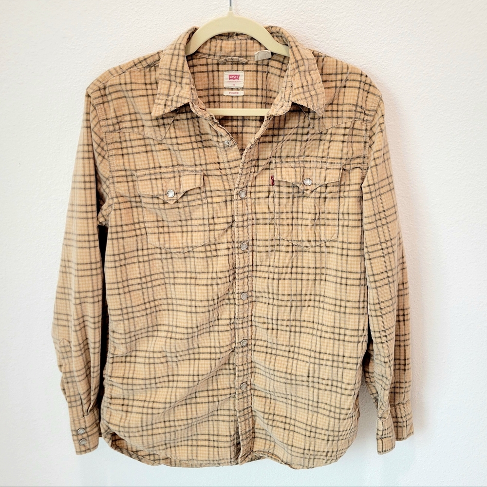 Levi’s Yellow Gray Plaid Corduroy Snap Button Shirt Men’s M